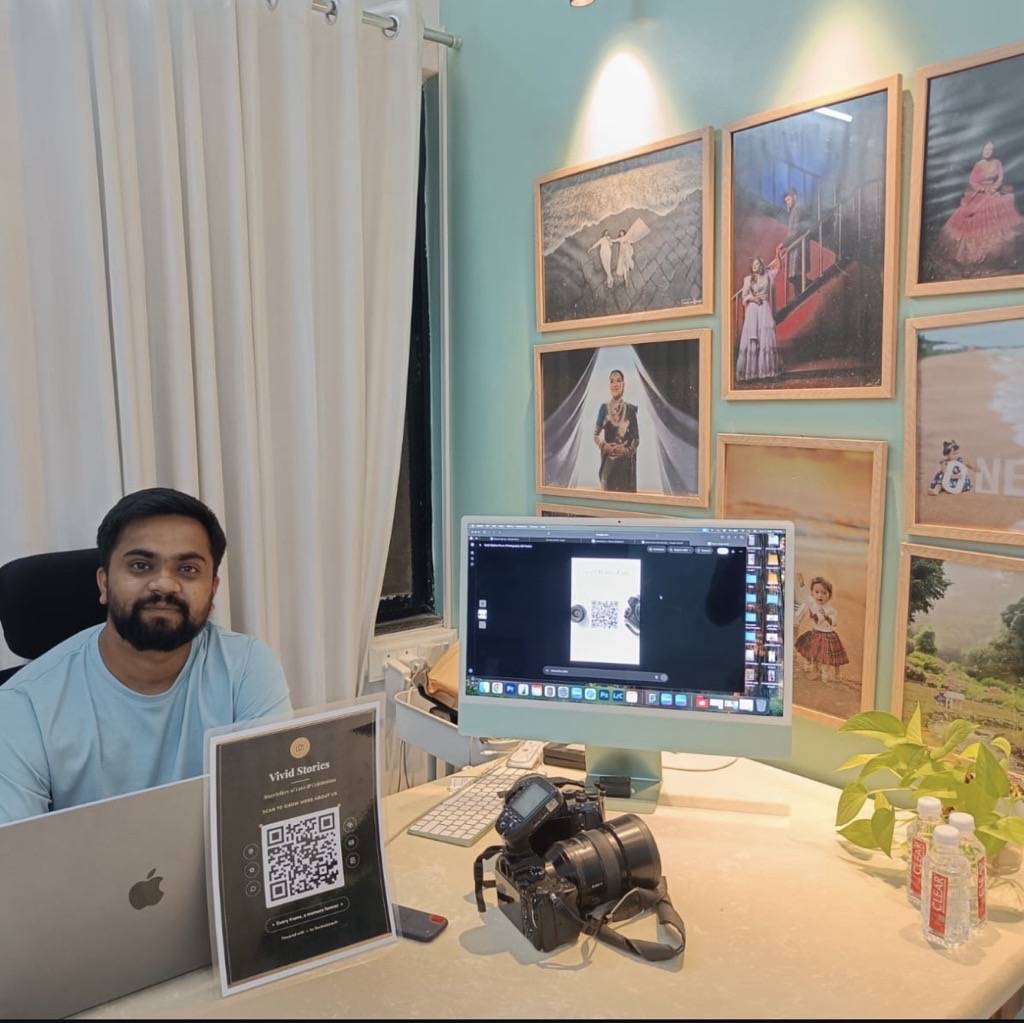 Vivid Stories Pune studio with ReviewLoop QR stand on desk
